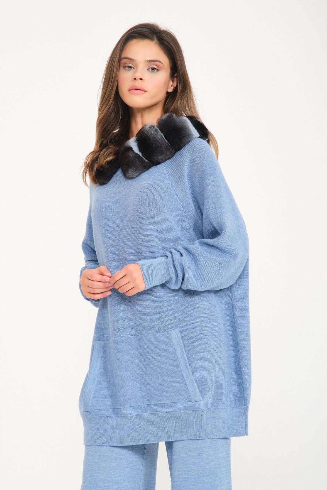 Baby Blue Chinchilla Fur Lined Wool Hoodie & Pants Set - ADAMO