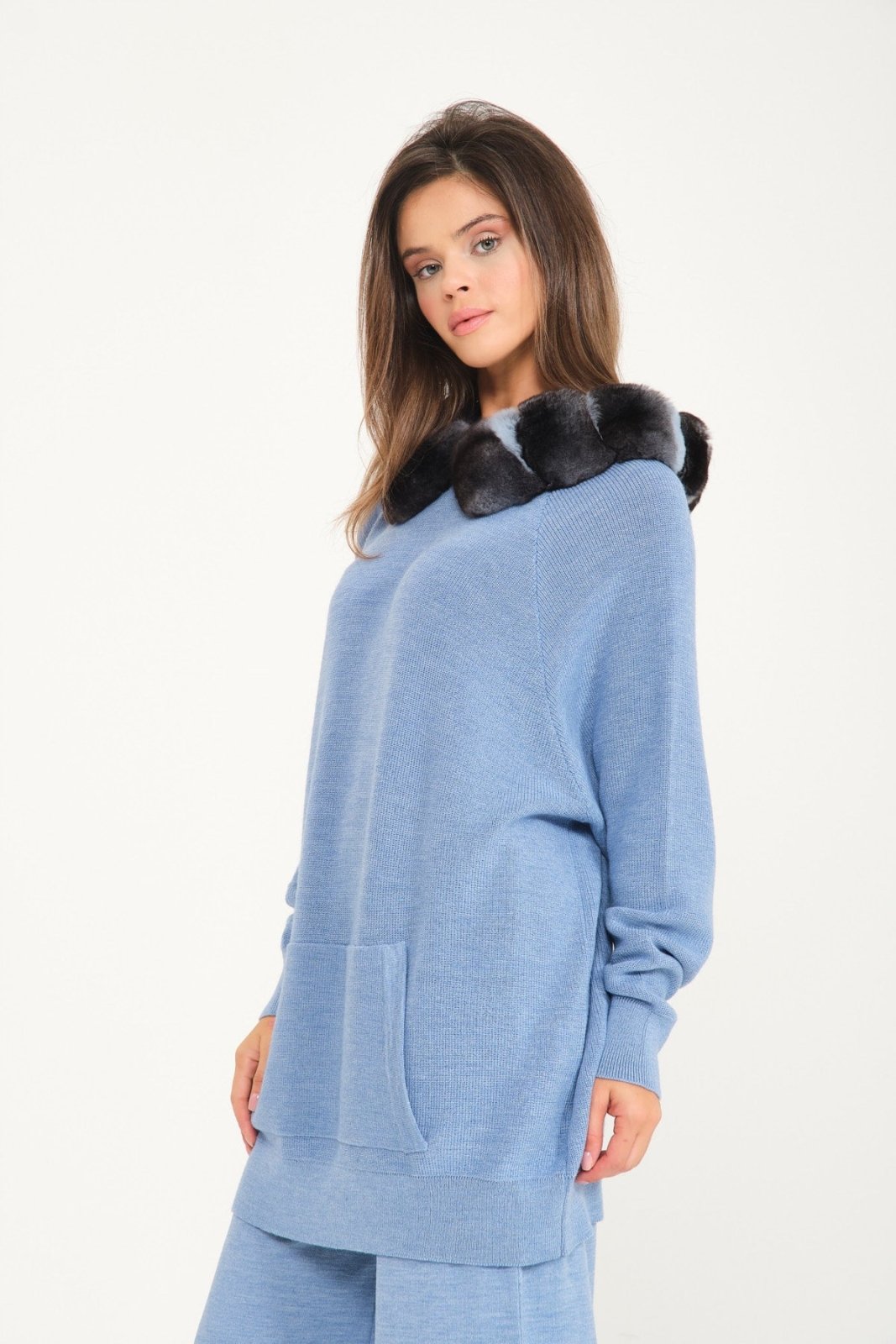 Baby Blue Chinchilla Fur Lined Wool Hoodie & Pants Set - ADAMO