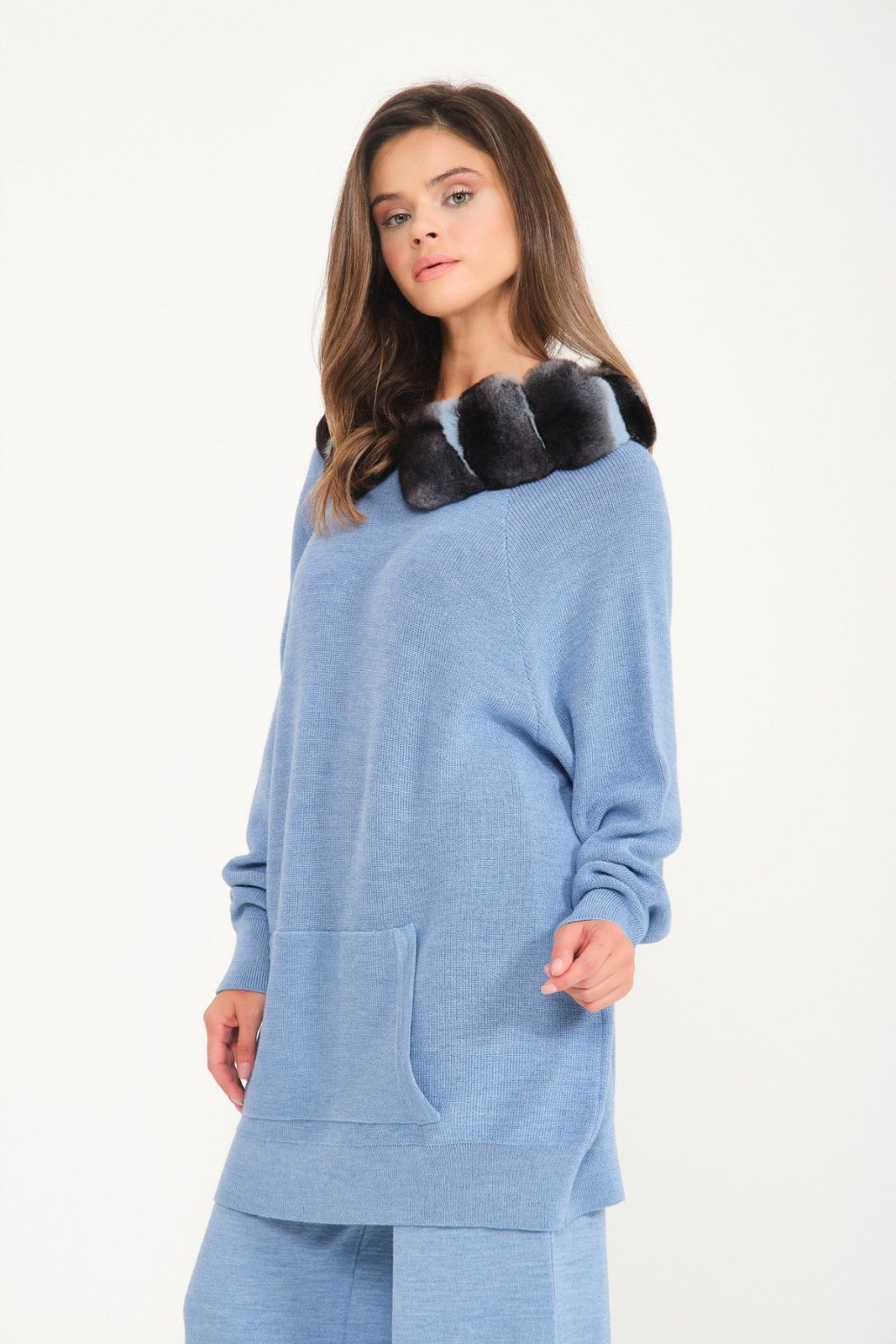 Baby Blue Chinchilla Fur Lined Wool Hoodie & Pants Set - ADAMO