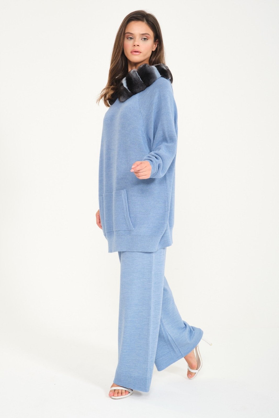 Baby Blue Chinchilla Fur Lined Wool Hoodie & Pants Set - ADAMO