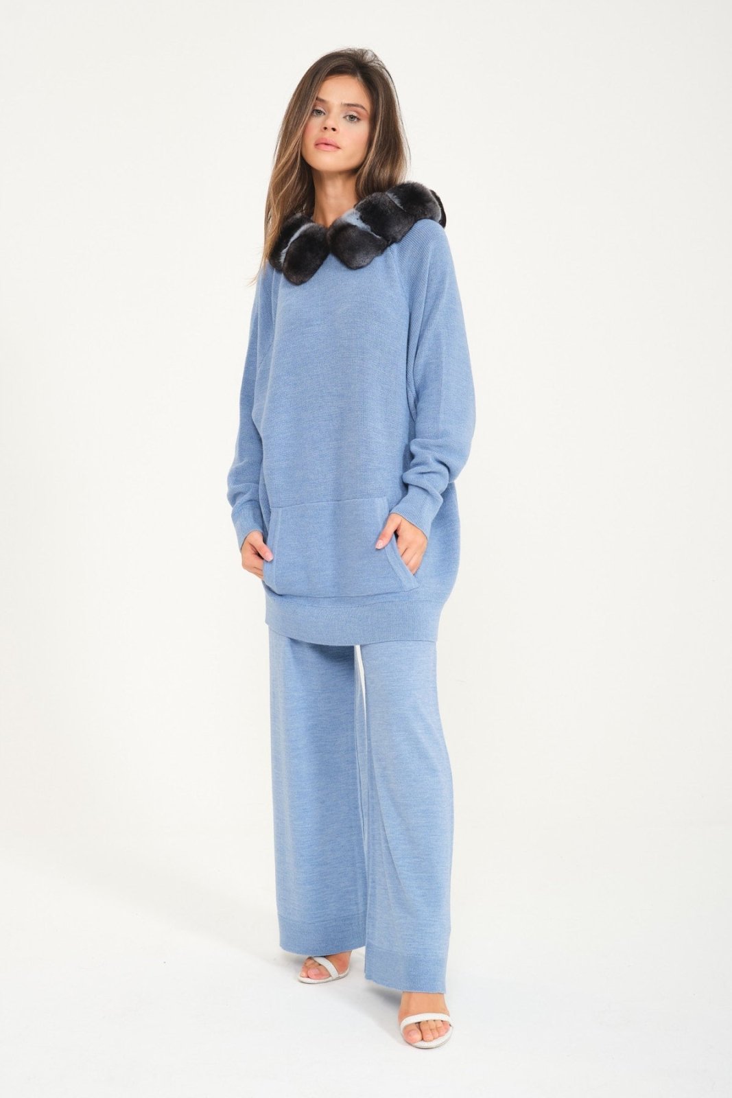 Baby Blue Chinchilla Fur Lined Wool Hoodie & Pants Set - ADAMO