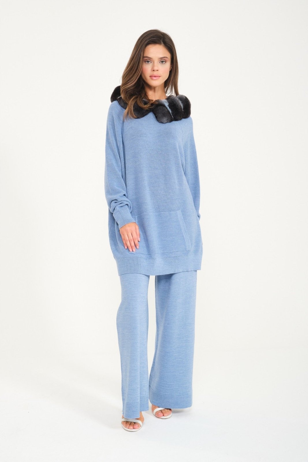 Baby Blue Chinchilla Fur Lined Wool Hoodie & Pants Set - ADAMO