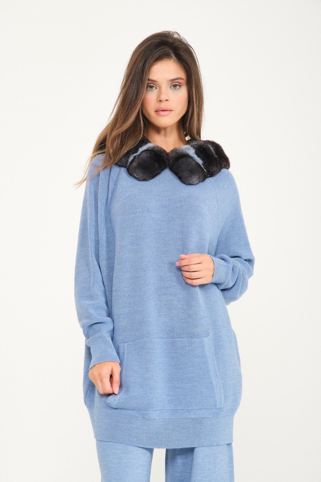 Baby Blue Chinchilla Fur Lined Wool Hoodie & Pants Set - ADAMO