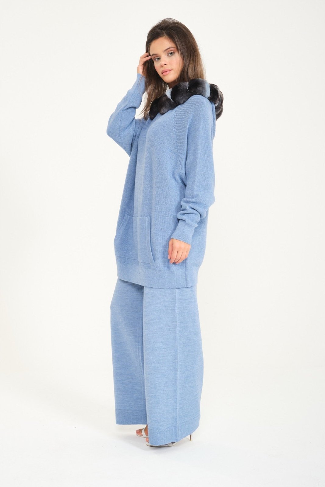 Baby Blue Chinchilla Fur Lined Wool Hoodie & Pants Set - ADAMO