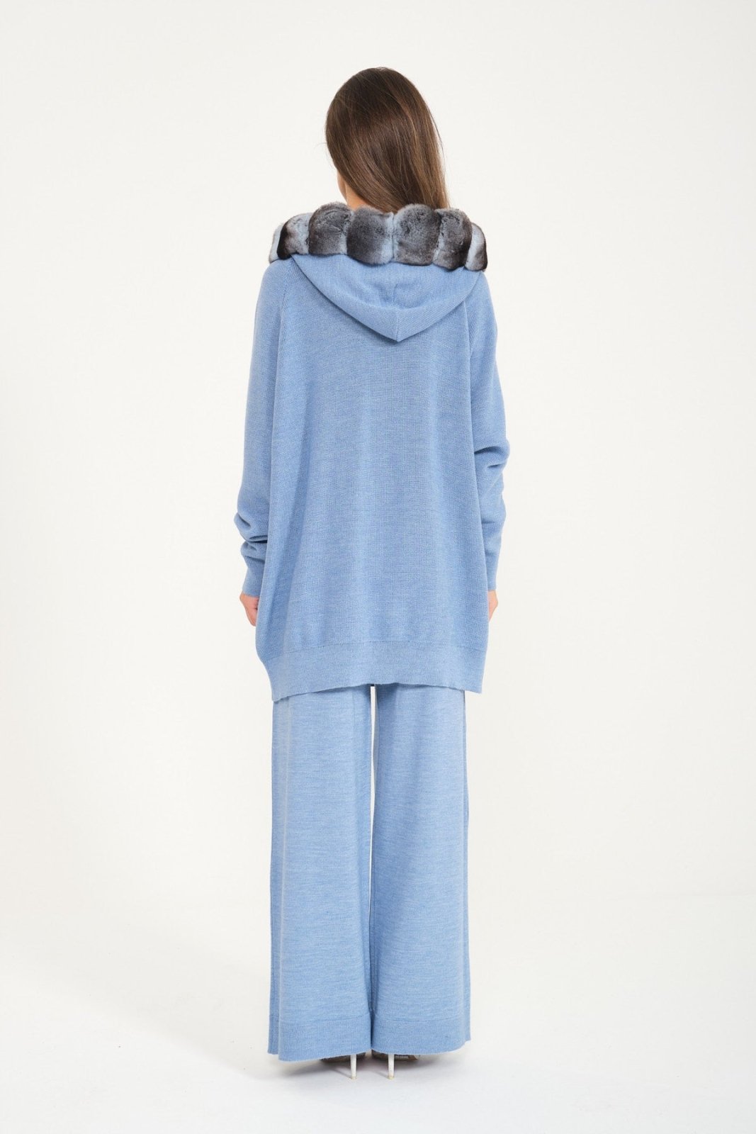 Baby Blue Chinchilla Fur Lined Wool Hoodie & Pants Set - ADAMO