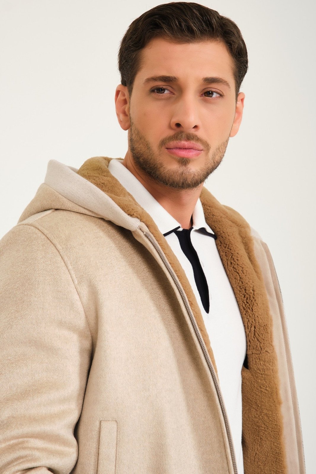 Beige Cashmere & Rex Fur Jacket - ADAMO