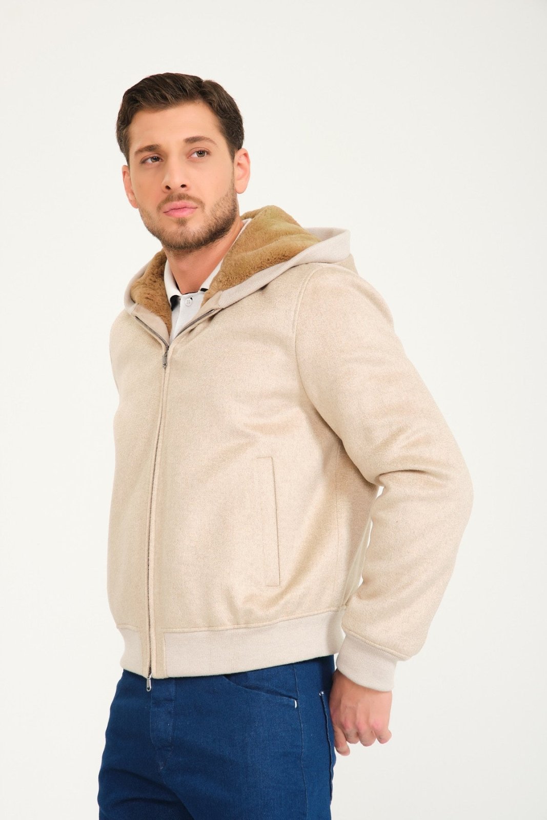 Beige Cashmere & Rex Fur Jacket - ADAMO