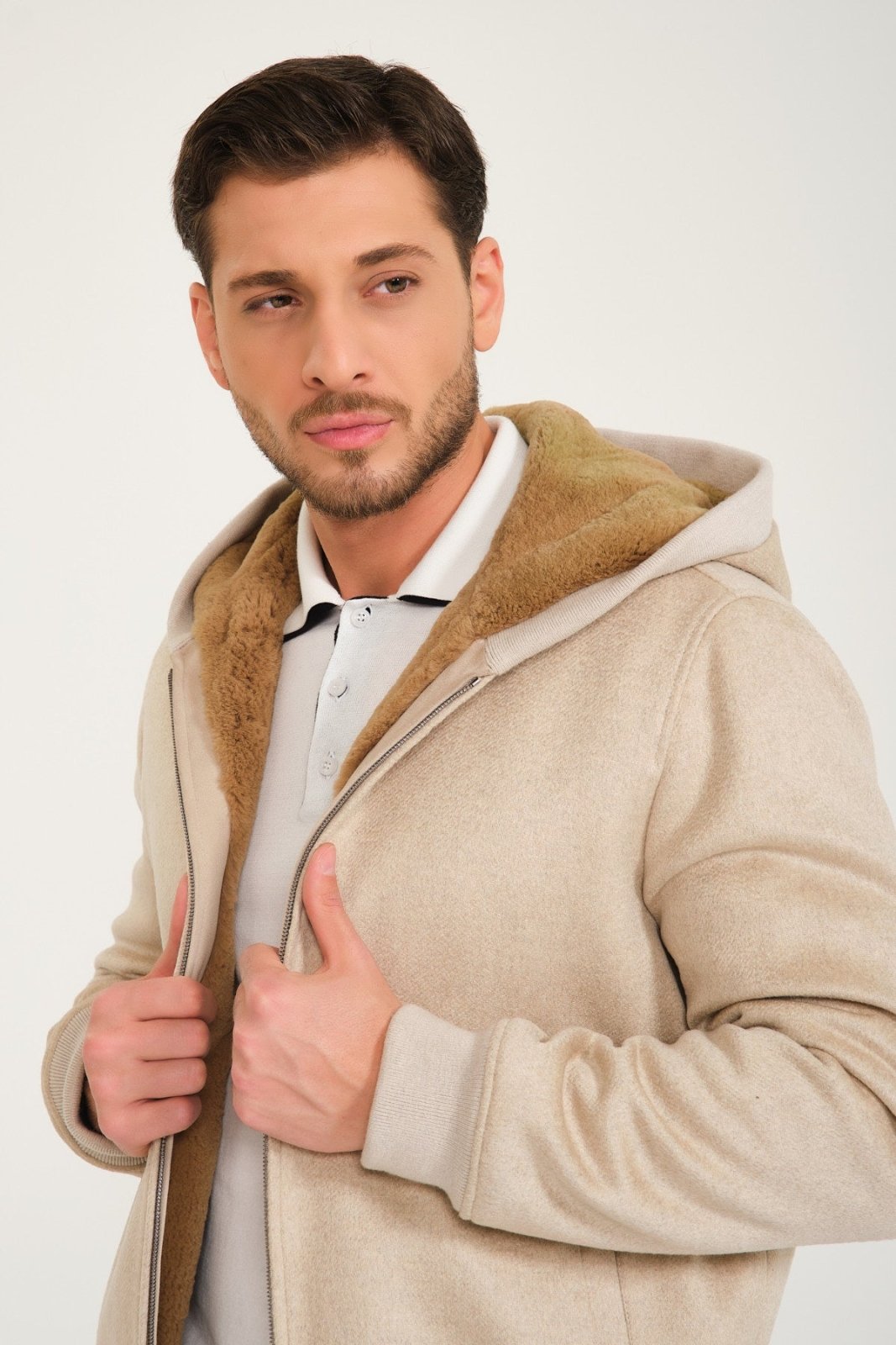 Beige Cashmere & Rex Fur Jacket - ADAMO