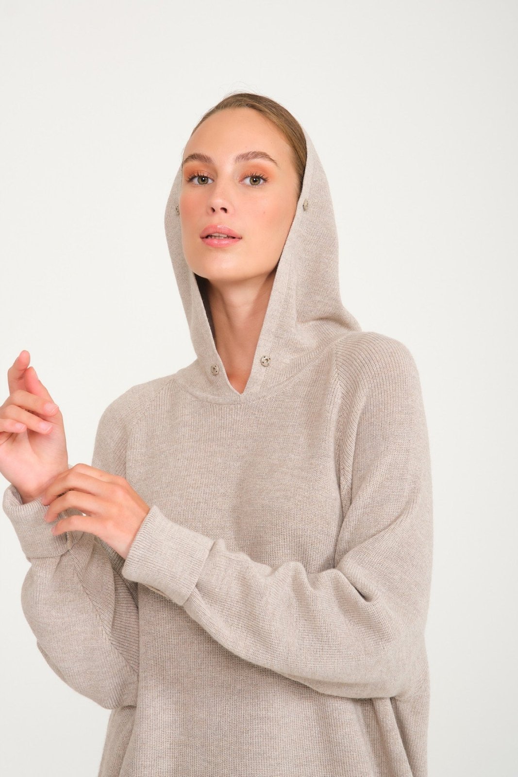 Beige Chinchilla Fur Lined Wool Hoodie & Pants Set - ADAMO