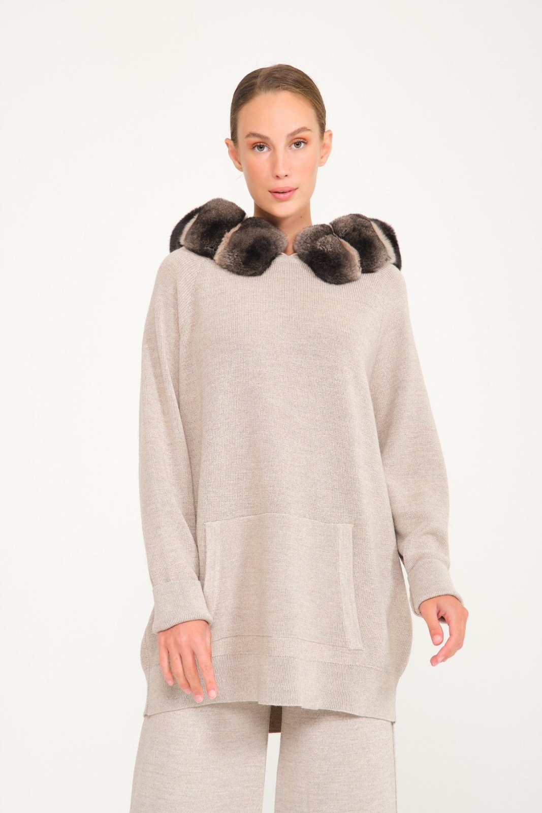 Beige Chinchilla Fur Lined Wool Hoodie & Pants Set - ADAMO