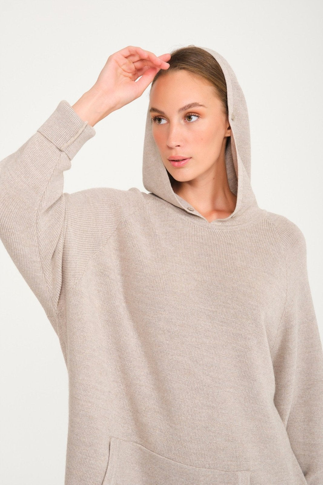 Beige Chinchilla Fur Lined Wool Hoodie & Pants Set - ADAMO