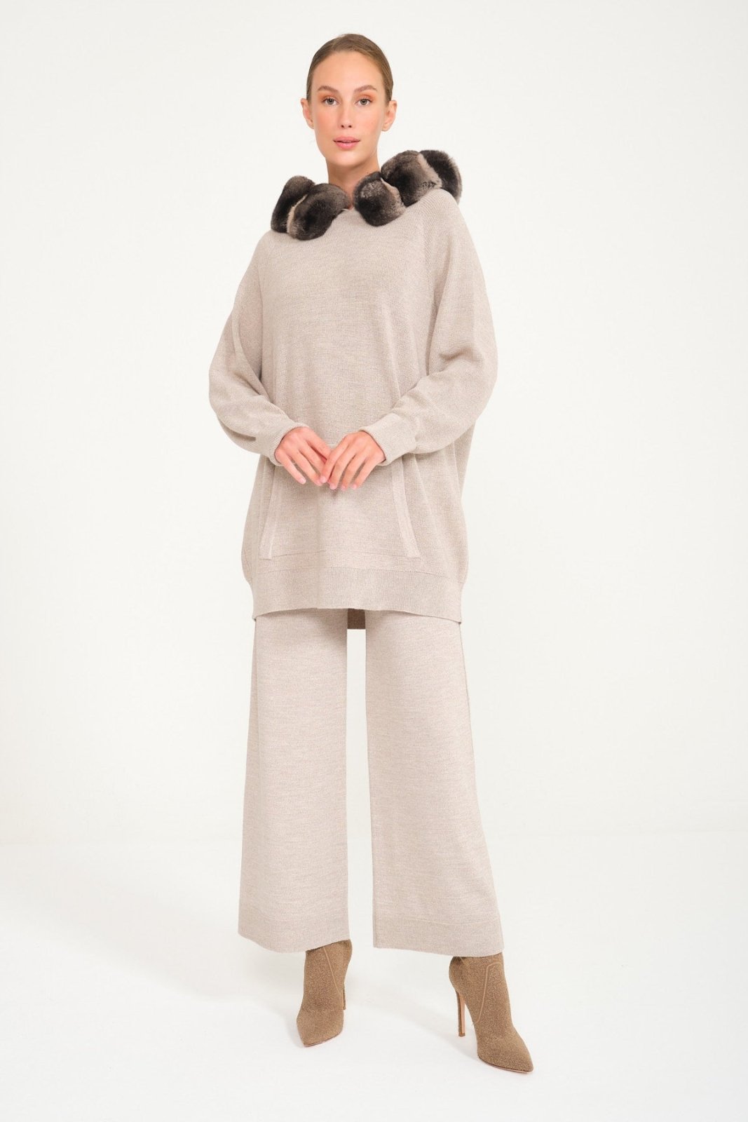 Beige Chinchilla Fur Lined Wool Hoodie & Pants Set - ADAMO