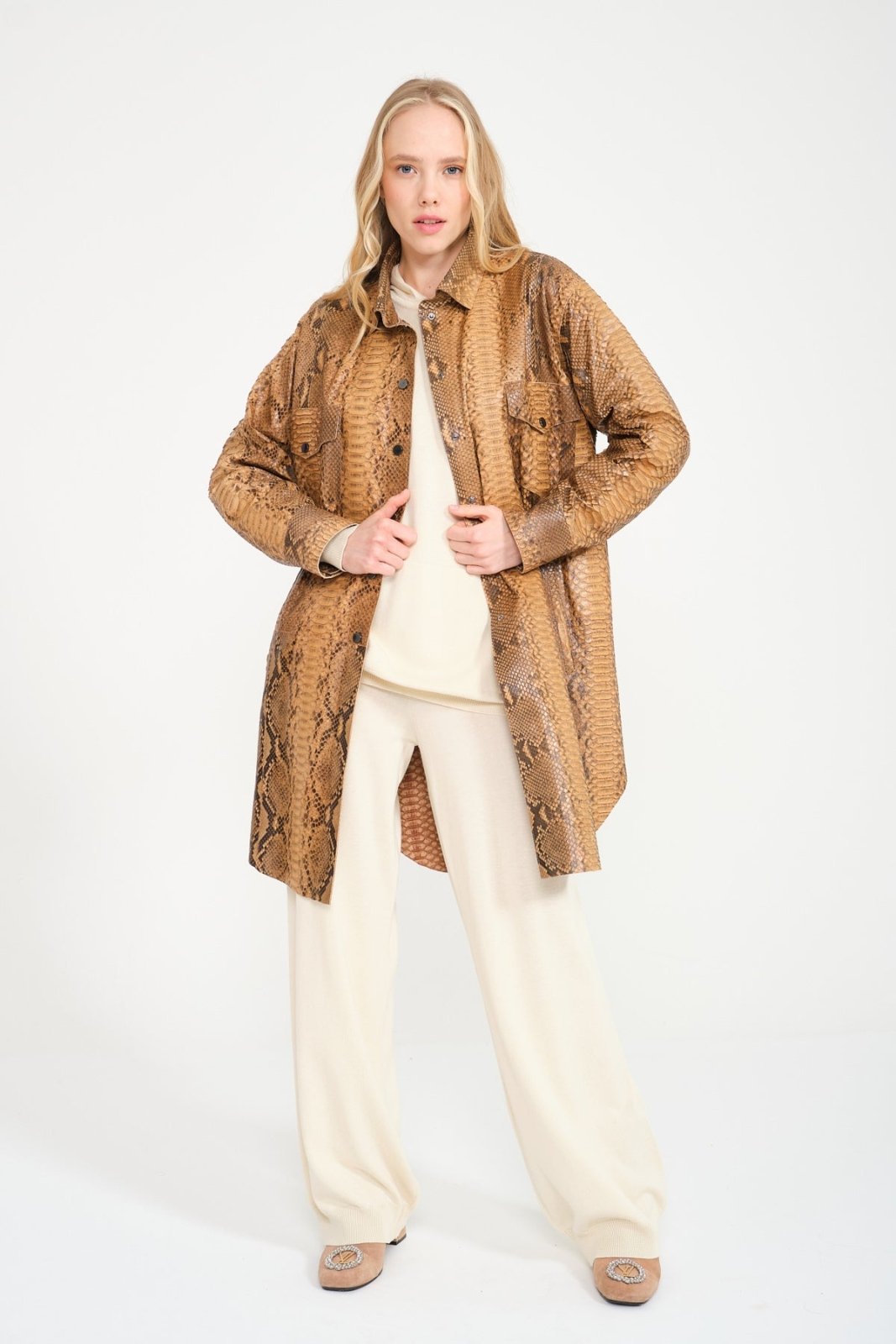 Beige Python Leather Coat - ADAMO