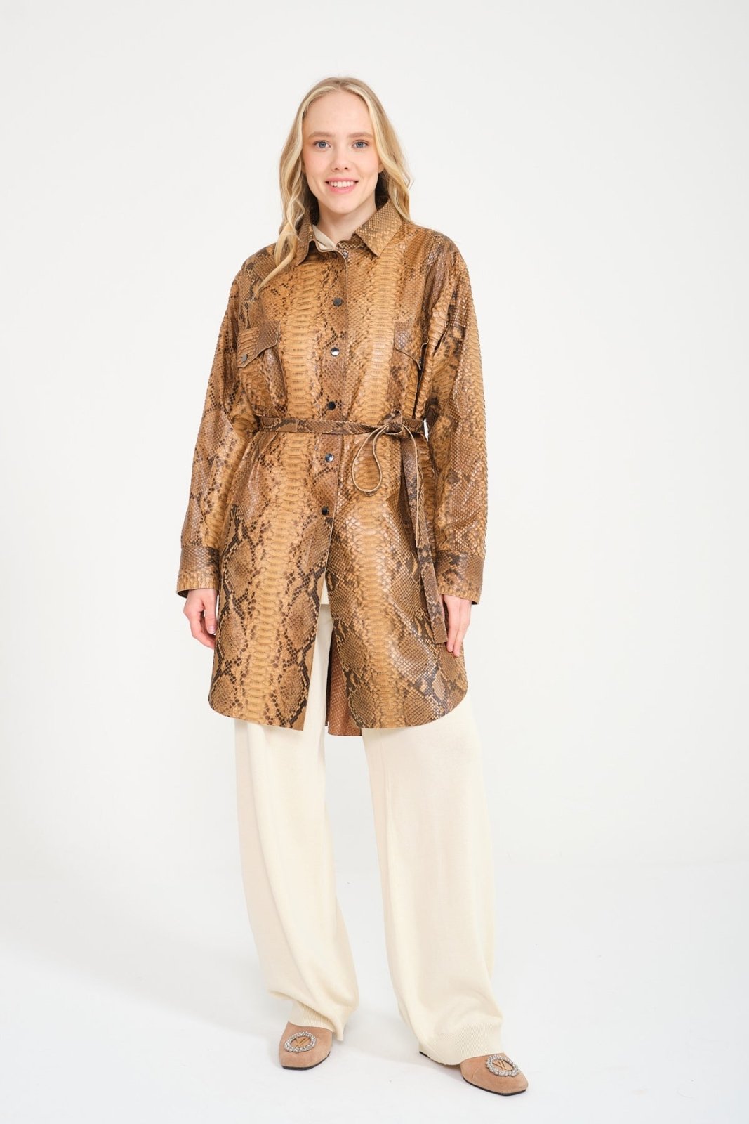 Beige Python Leather Coat - ADAMO