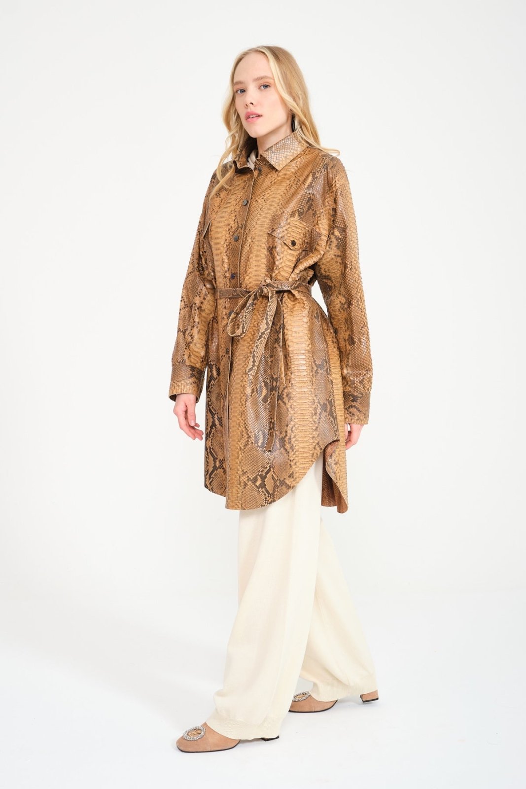 Beige Python Leather Coat - ADAMO