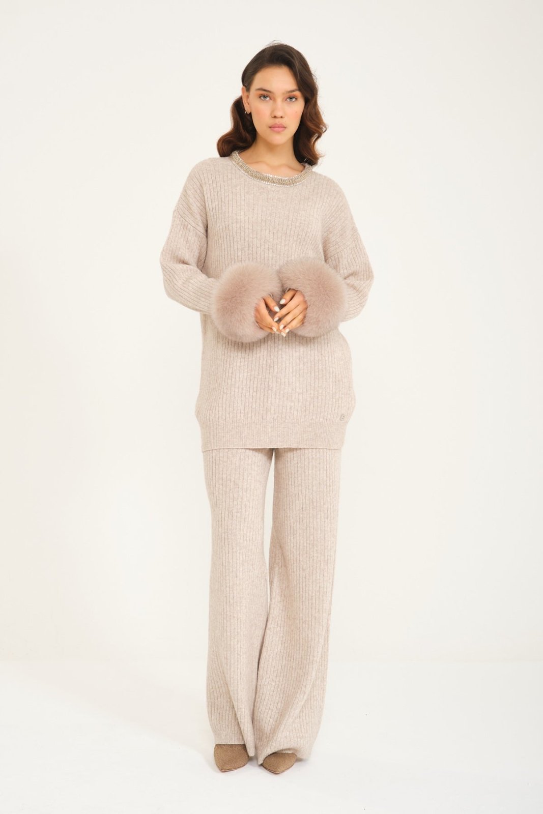 Beige Wool & Fox Fur Set - ADAMO