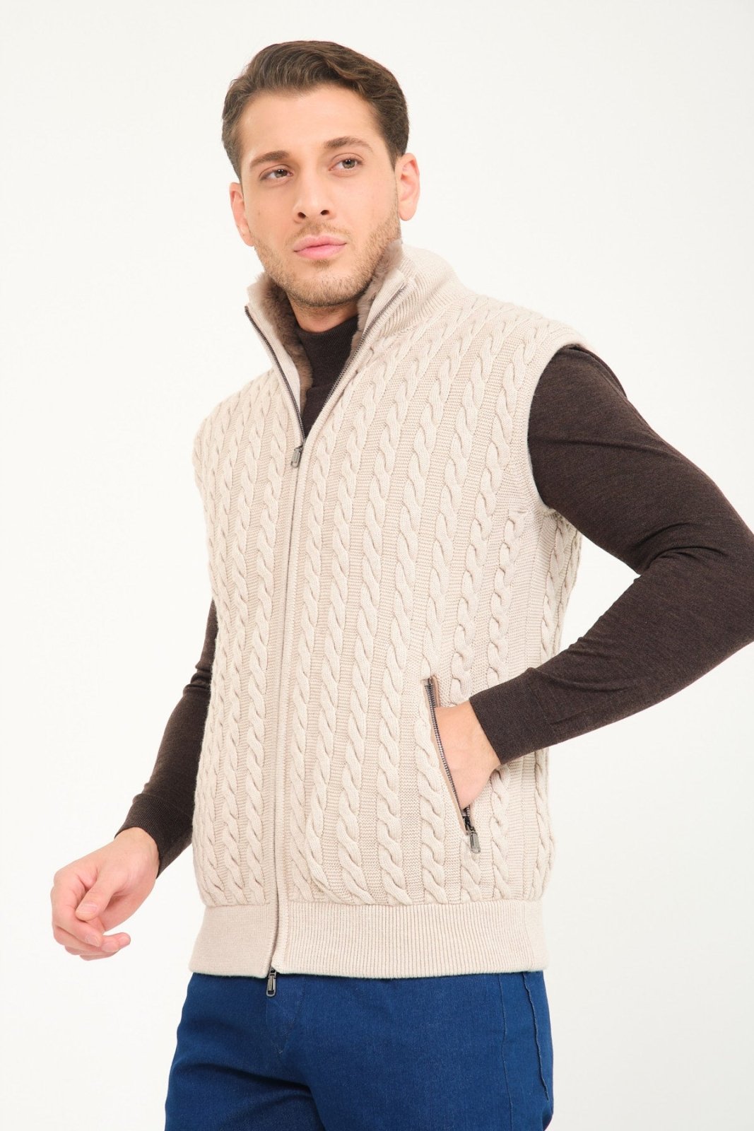 Beige Wool & Rex Fur Knit Vest - ADAMO