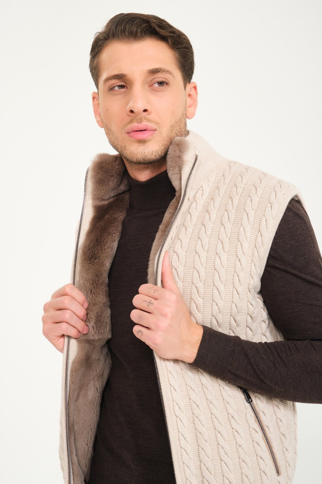 Beige Wool & Rex Fur Knit Vest - ADAMO