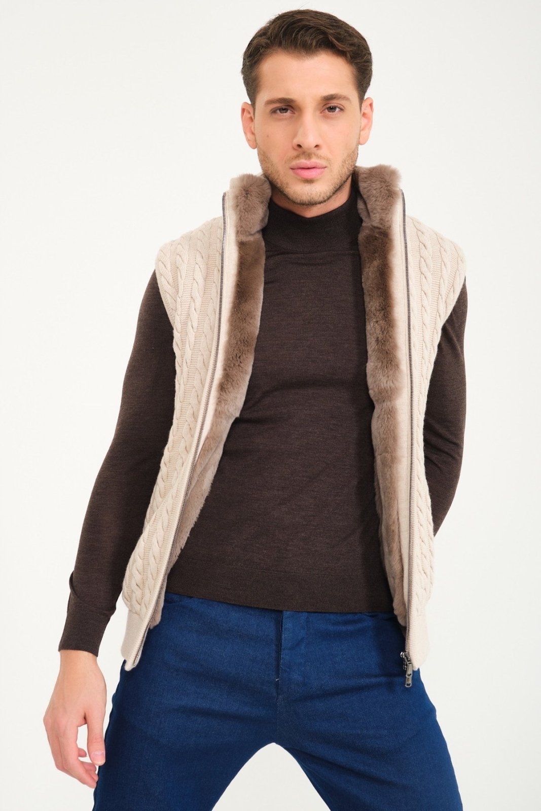 Beige Wool & Rex Fur Knit Vest - ADAMO