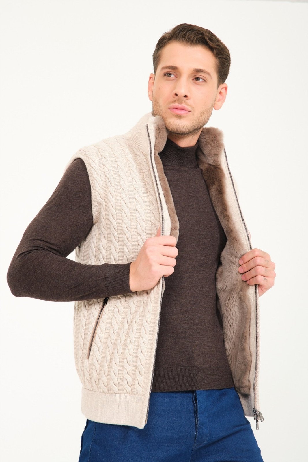 Beige Wool & Rex Fur Knit Vest - ADAMO