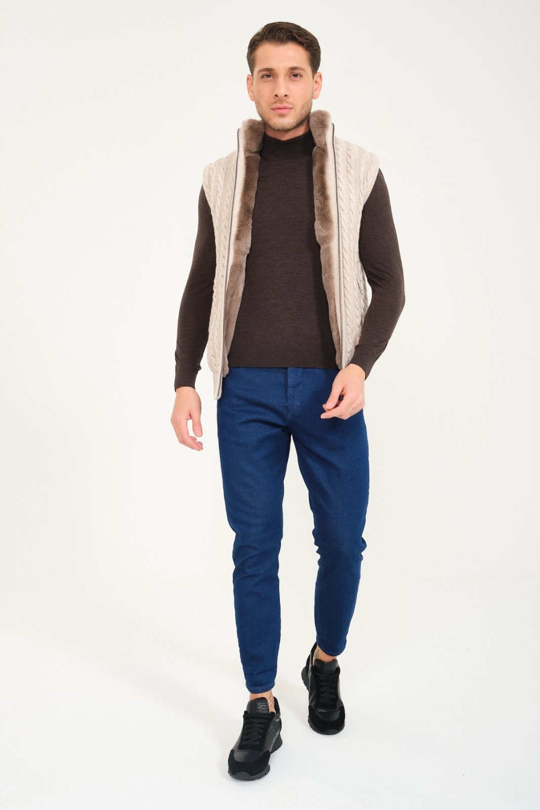 Beige Wool & Rex Fur Knit Vest - ADAMO