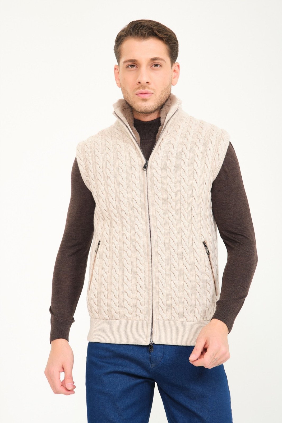 Beige Wool & Rex Fur Knit Vest - ADAMO