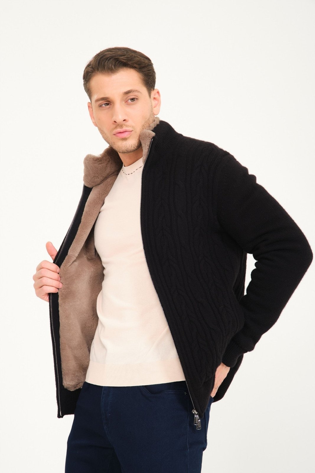 Black Cashmere & Rex Fur Knit Cardigan - ADAMO