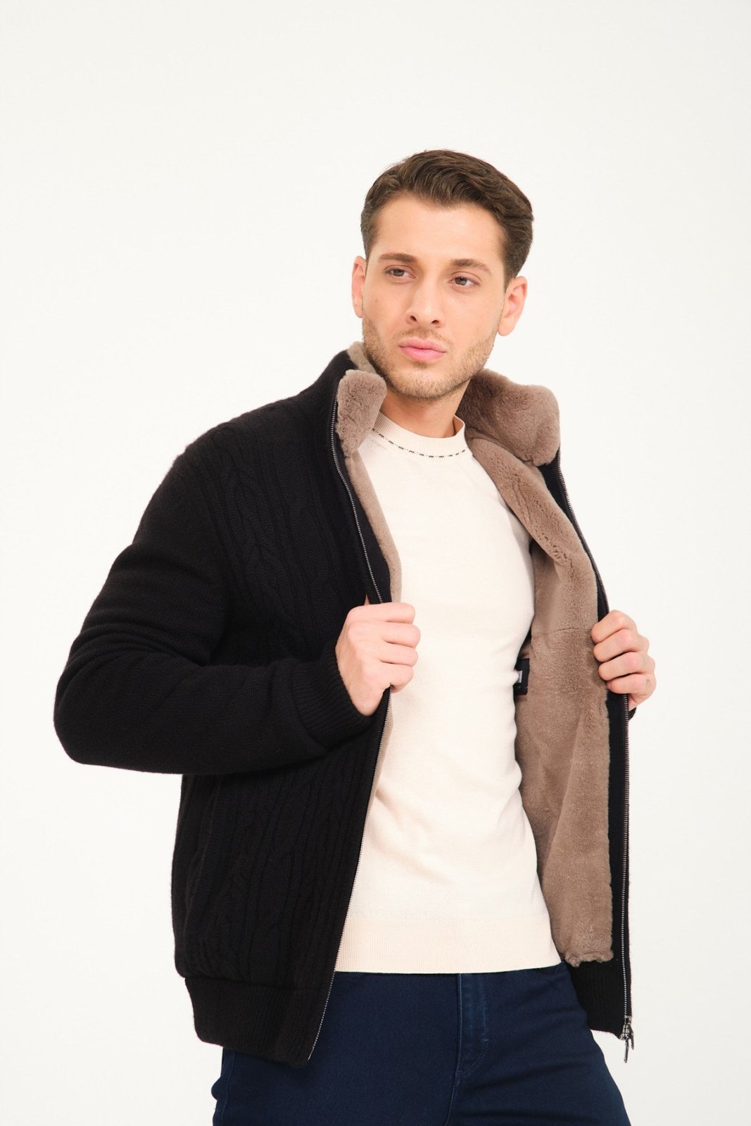 Black Cashmere & Rex Fur Knit Cardigan - ADAMO