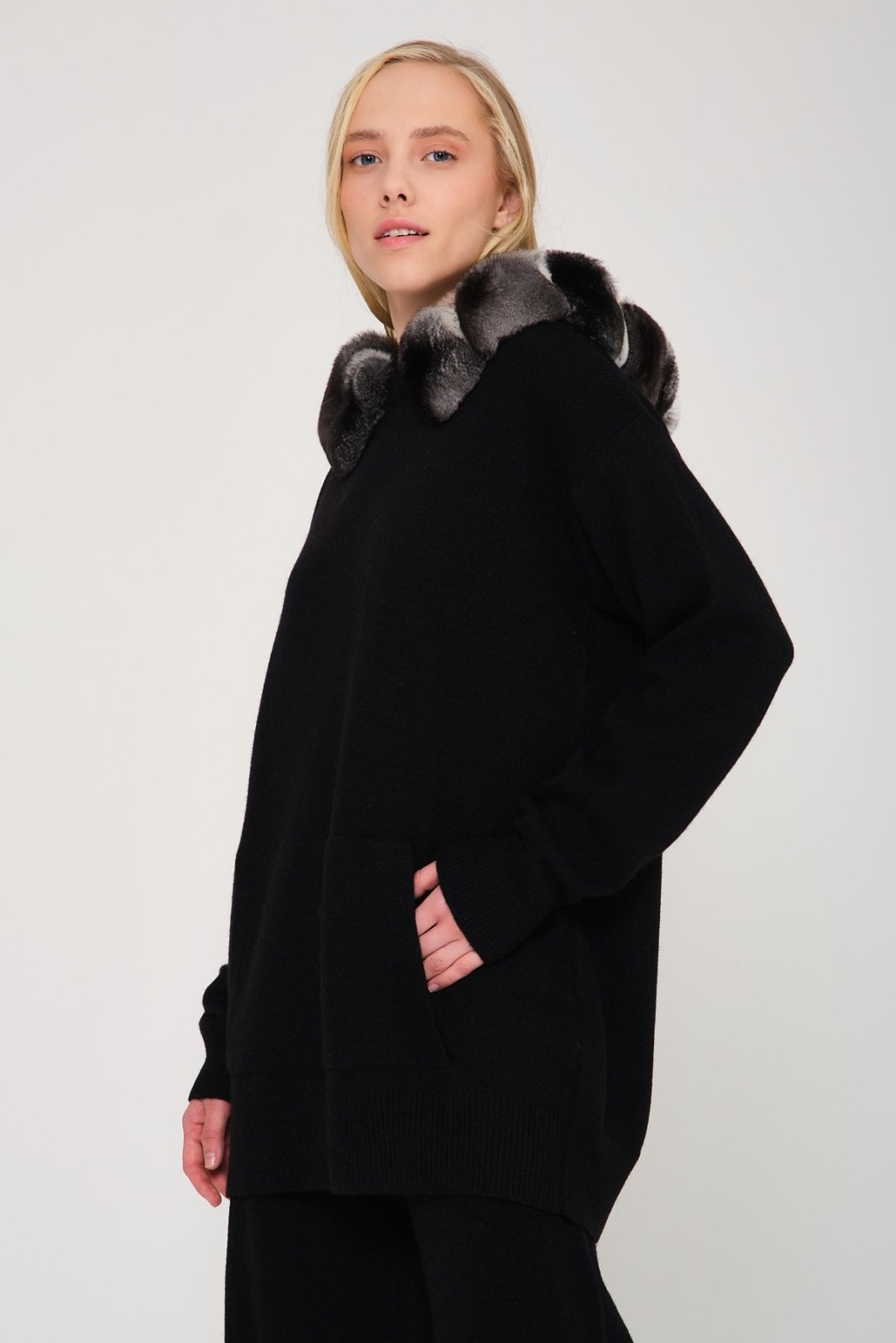 Black Chinchilla Fur Lined Hoodie & Pants Set - ADAMO