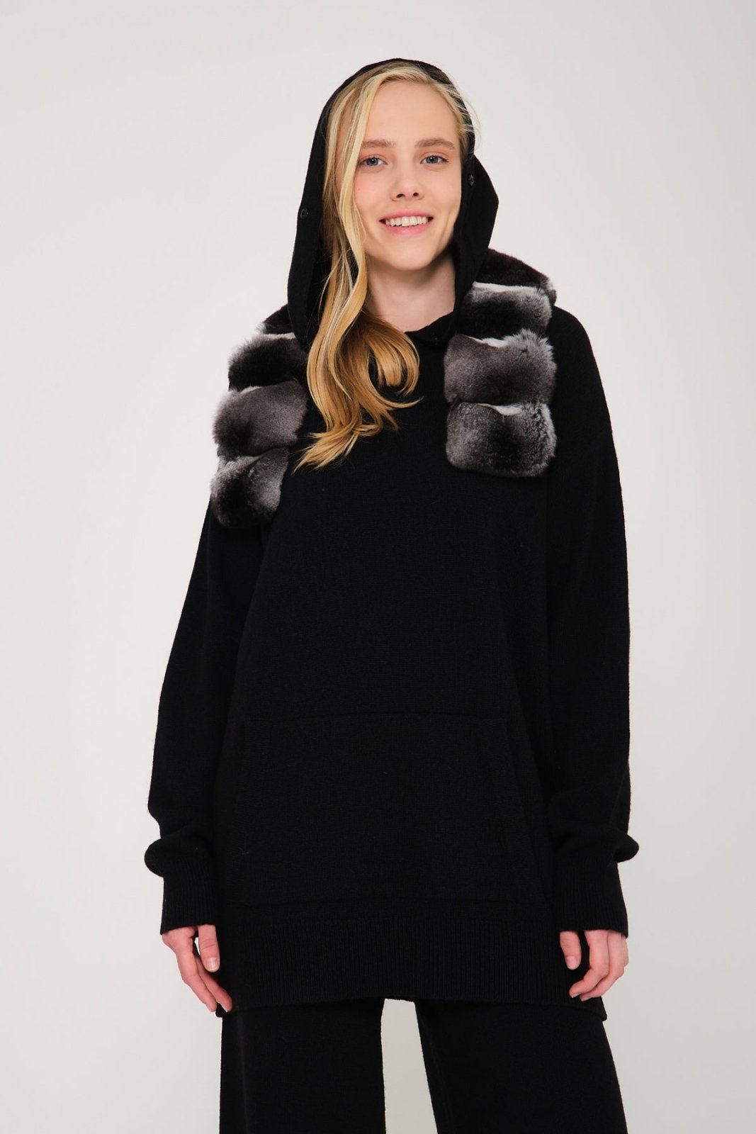 Black Chinchilla Fur Lined Hoodie & Pants Set - ADAMO