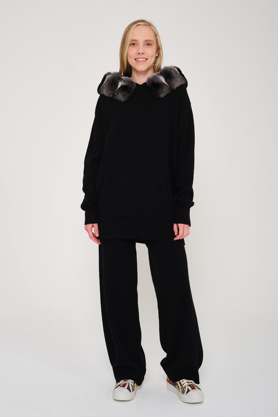 Black Chinchilla Fur Lined Hoodie & Pants Set - ADAMO