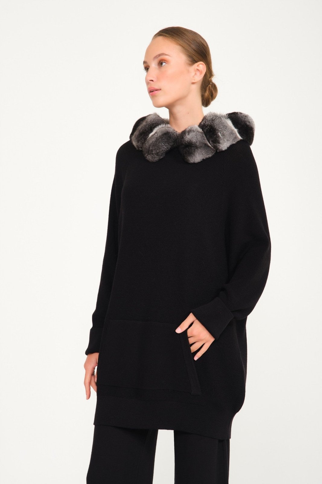 Black Chinchilla Fur Lined Wool Hoodie & Pants Set - ADAMO