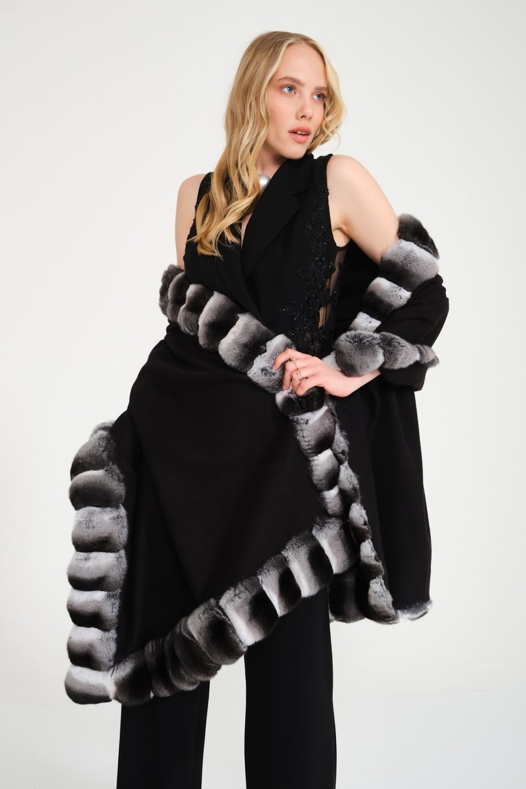 Black Chinchilla Fur Shawl - ADAMO