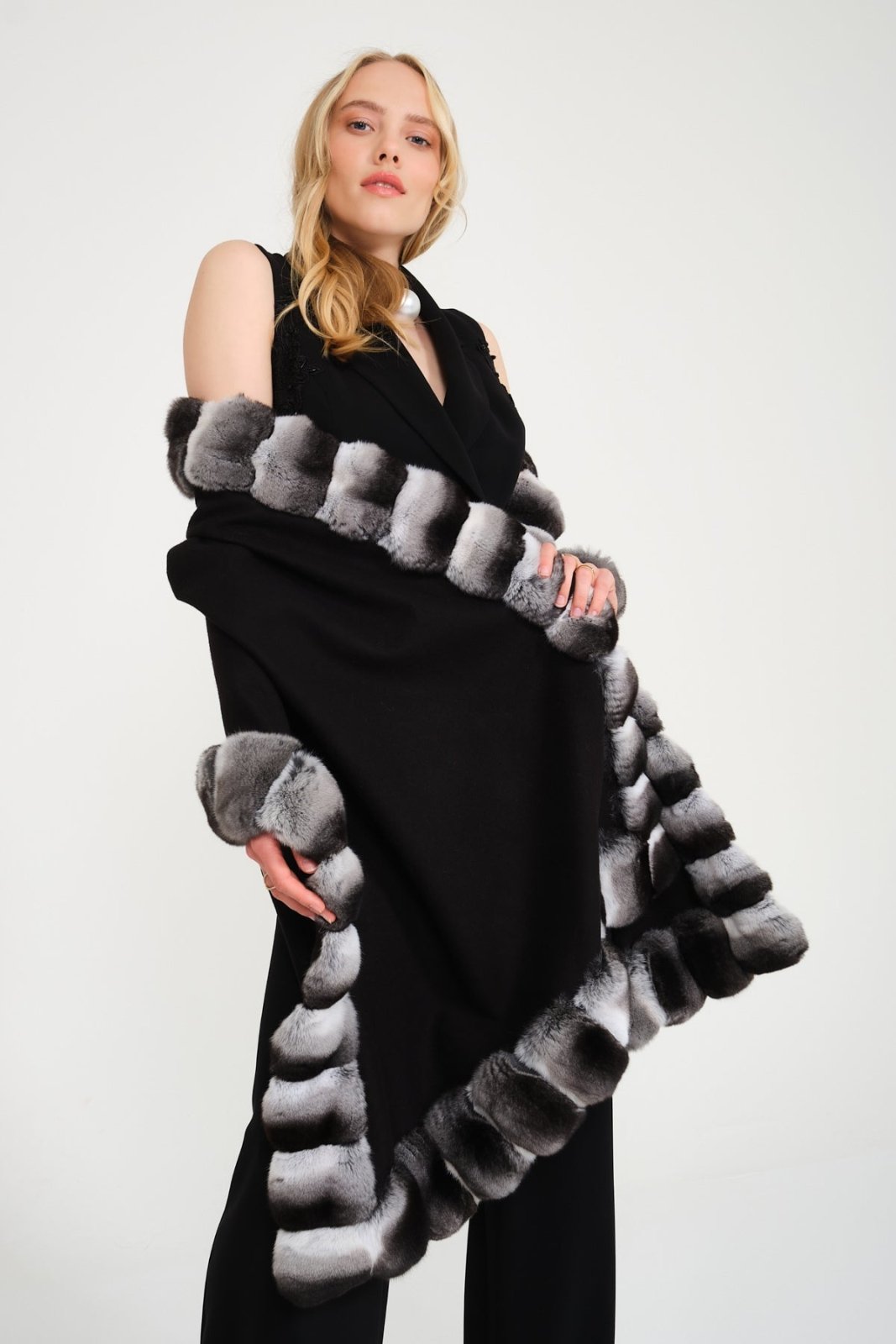 Black Chinchilla Fur Shawl - ADAMO