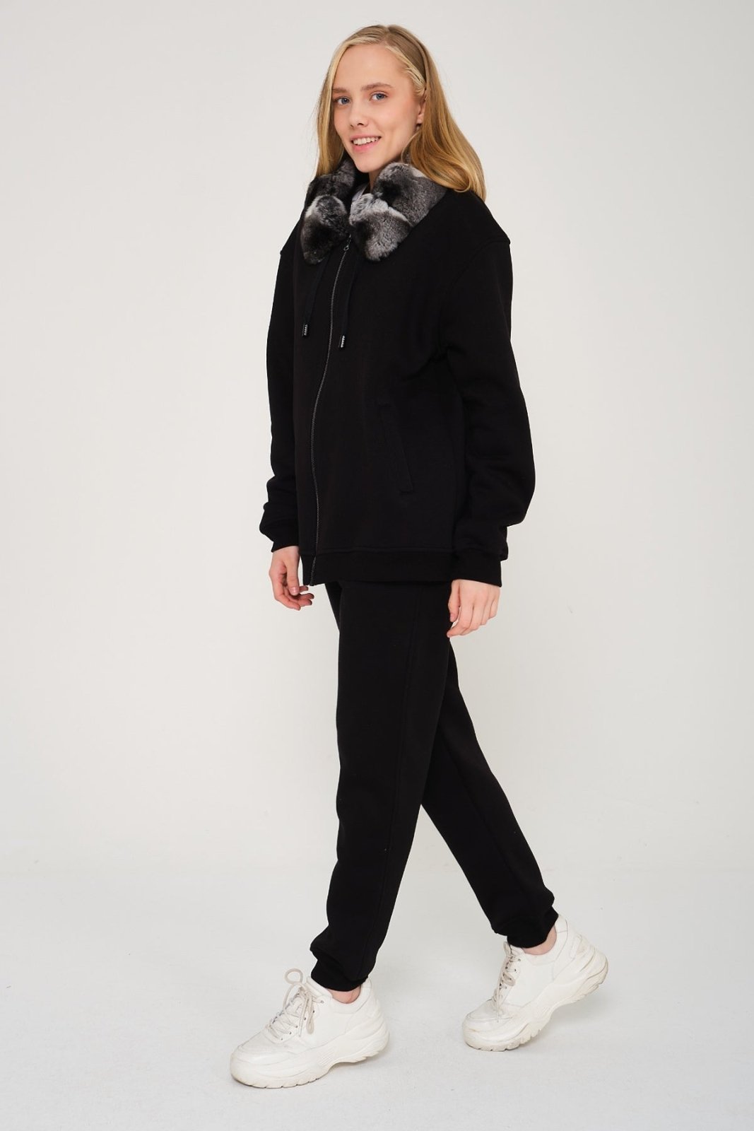 Black Chinchilla Fur Zipped Hoodie - ADAMO