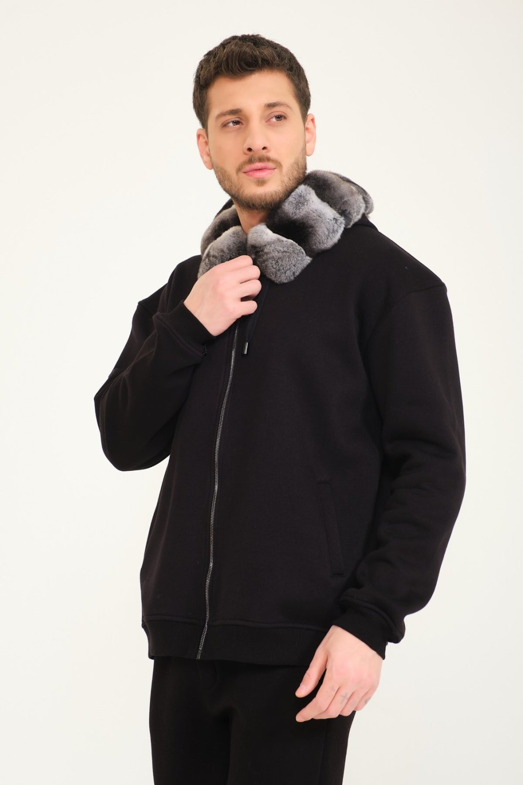 Black Chinchilla Fur Zipped Hoodie - ADAMO