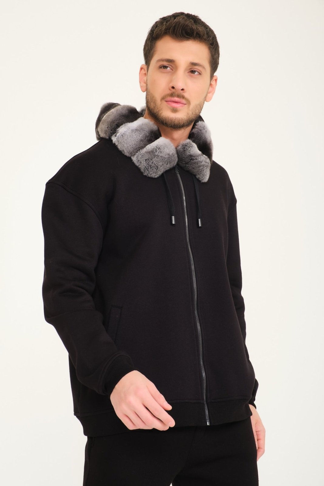 Black Chinchilla Fur Zipped Hoodie - ADAMO