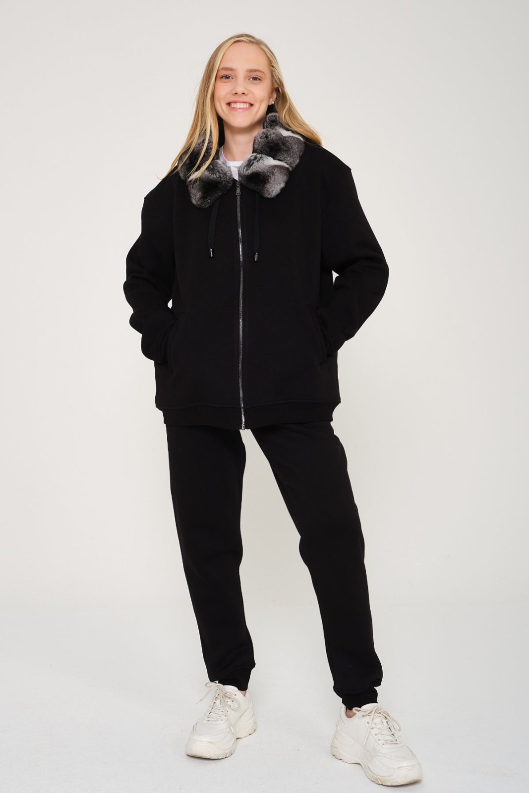 Black Chinchilla Fur Zipped Hoodie - ADAMO