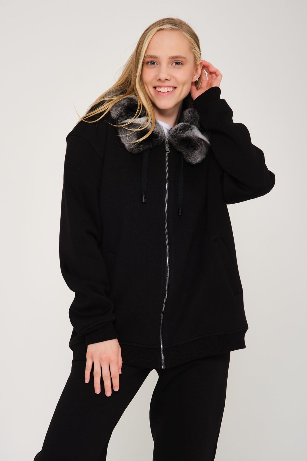 Black Chinchilla Fur Zipped Hoodie - ADAMO