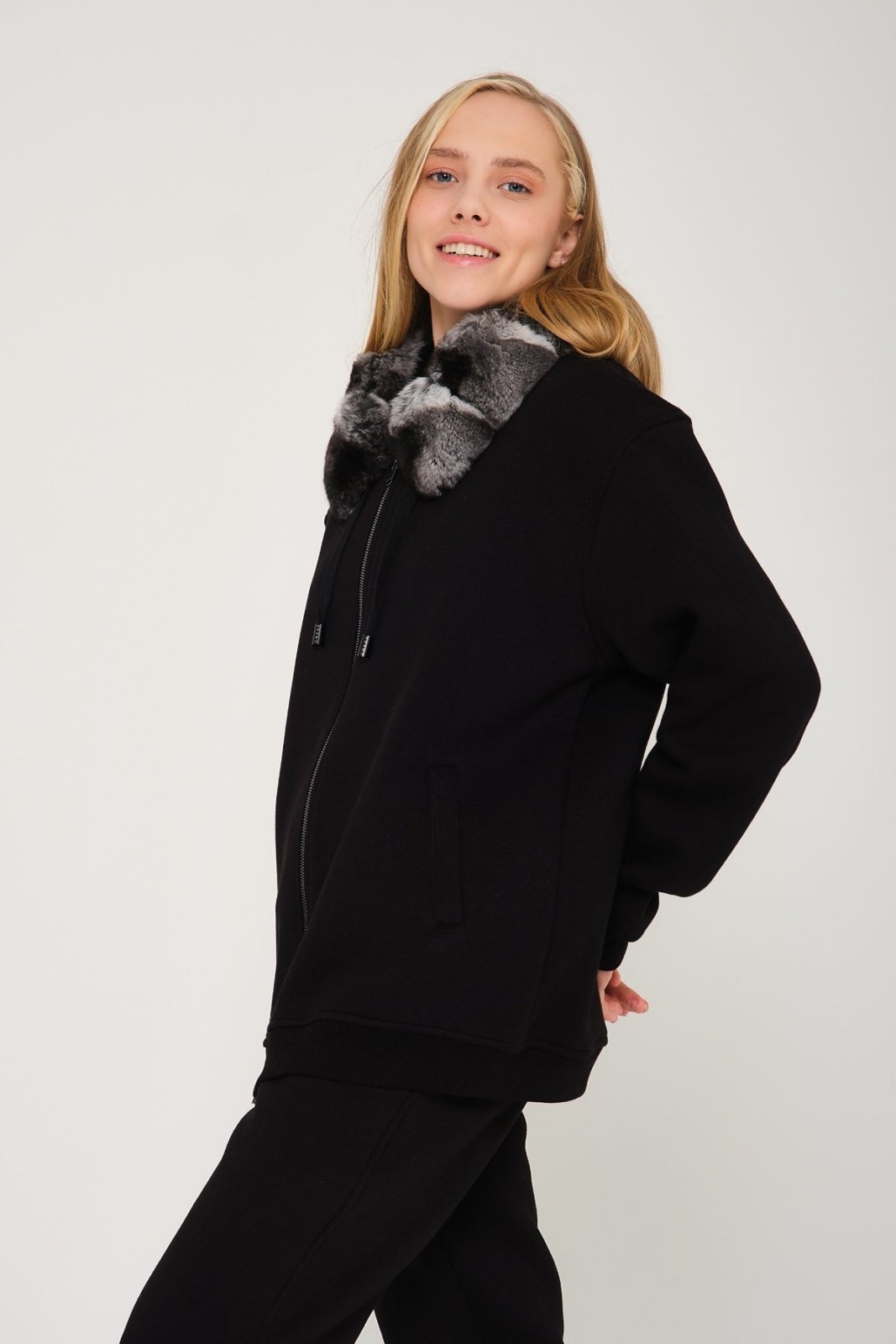 Black Chinchilla Fur Zipped Hoodie & Jogger Set - ADAMO