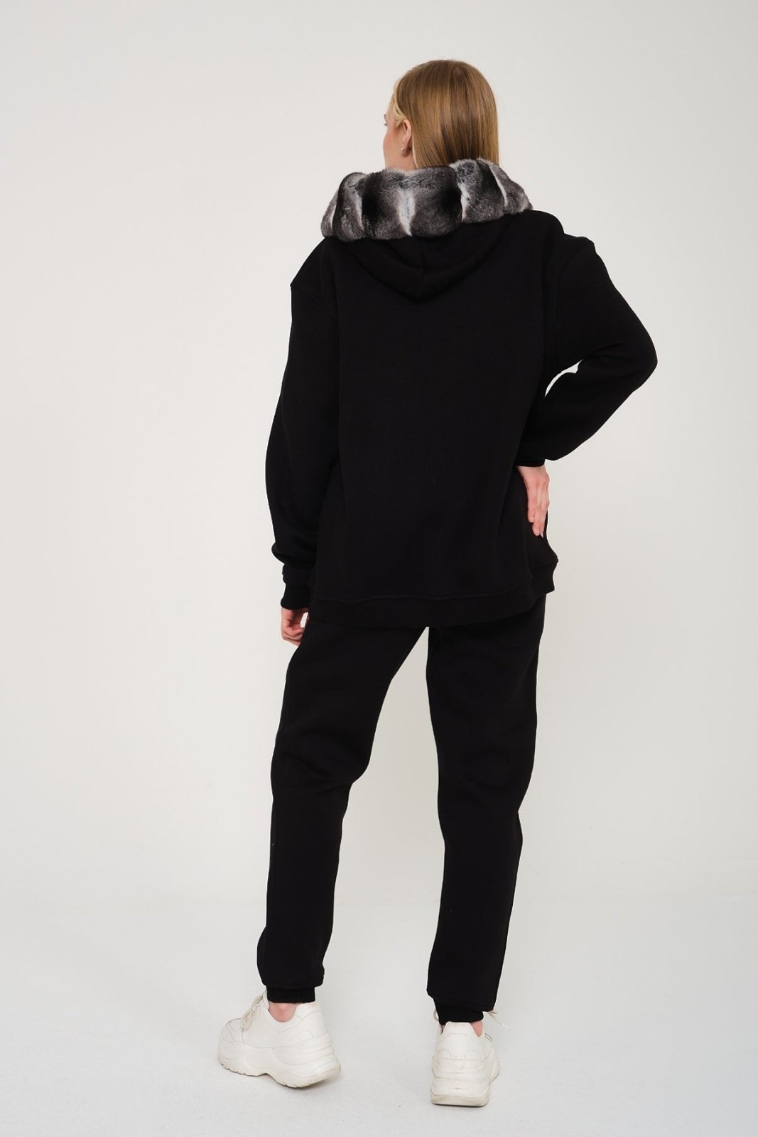 Black Chinchilla Fur Zipped Hoodie & Jogger Set - ADAMO