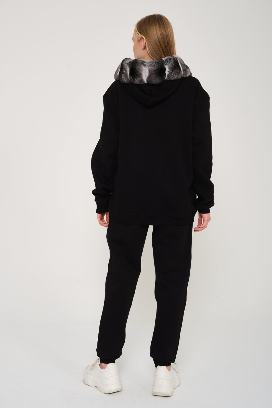 Black Chinchilla Fur Zipped Hoodie & Jogger Set - ADAMO