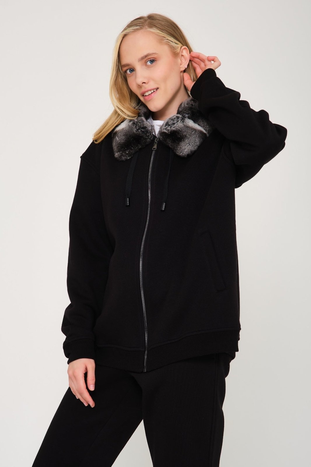 Black Chinchilla Fur Zipped Hoodie & Jogger Set - ADAMO