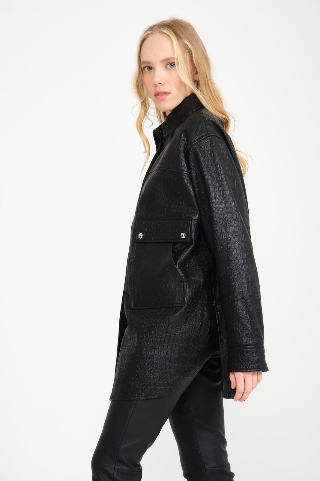 Black Crocodile Pattern Leather Coat - ADAMO