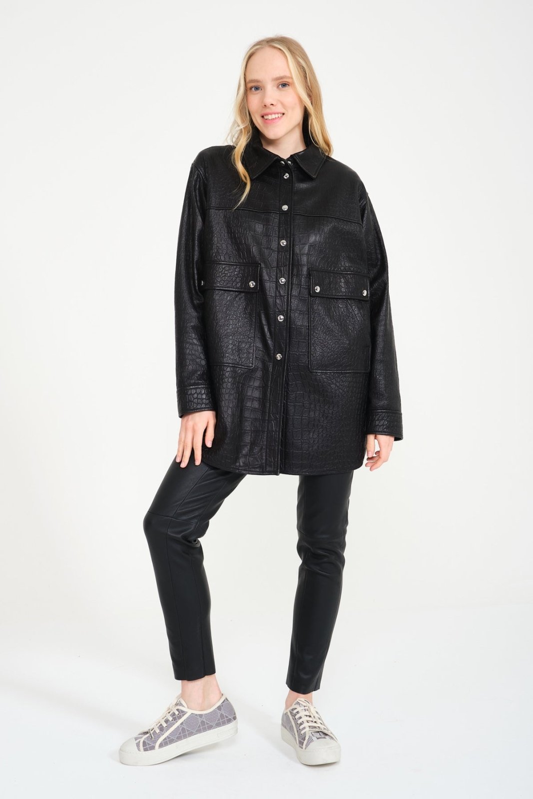 Black Crocodile Pattern Leather Coat - ADAMO