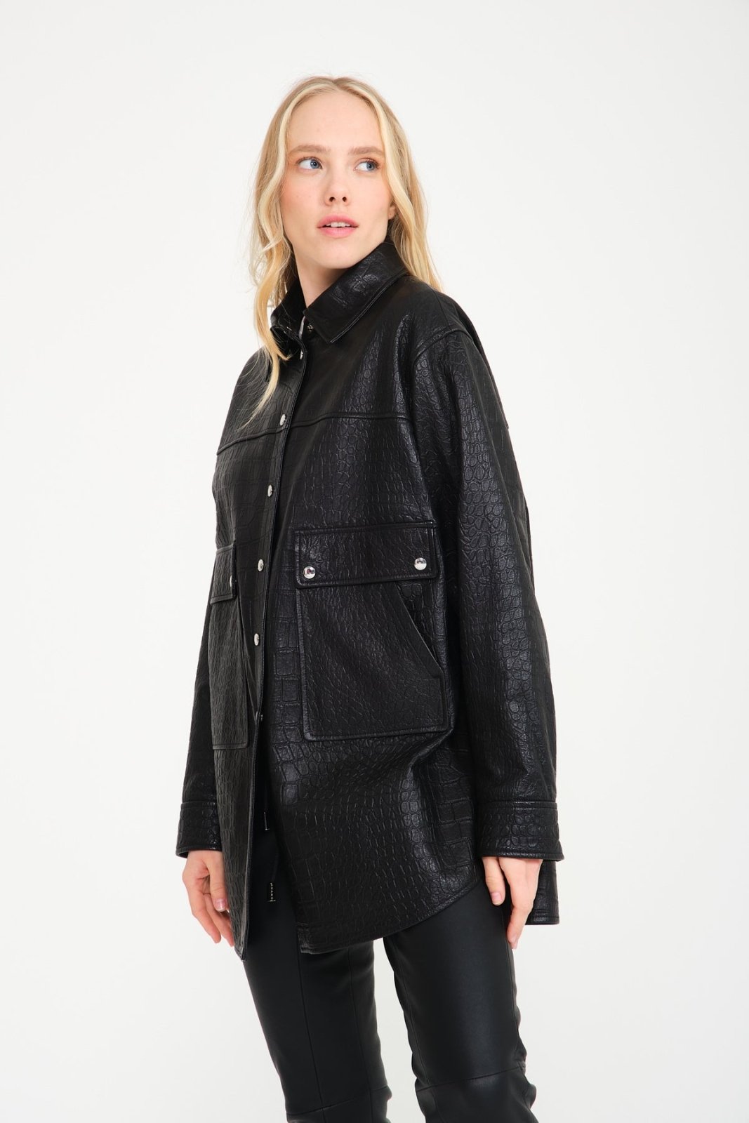 Black Crocodile Pattern Leather Coat - ADAMO