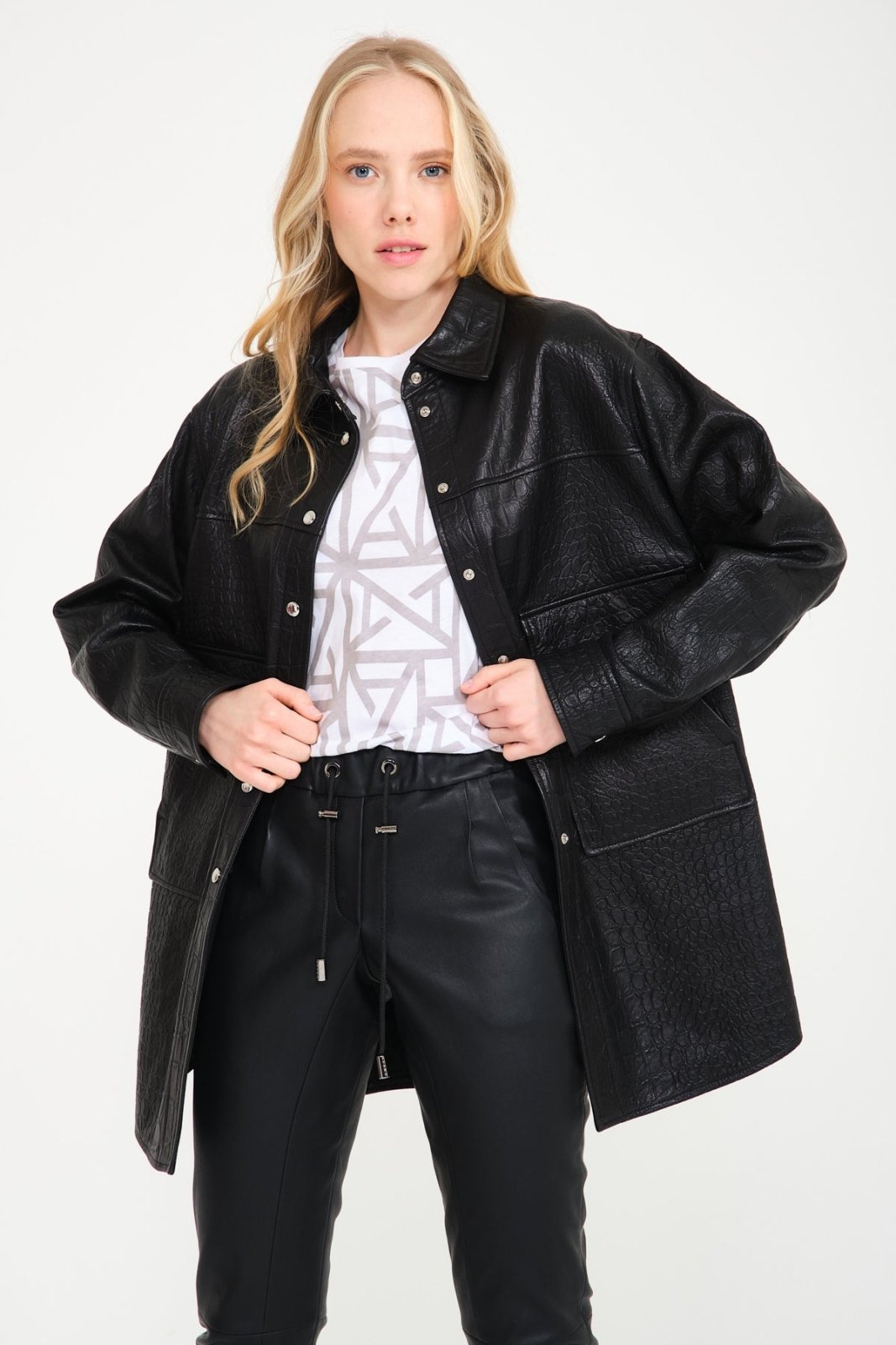 Black Crocodile Pattern Leather Coat - ADAMO