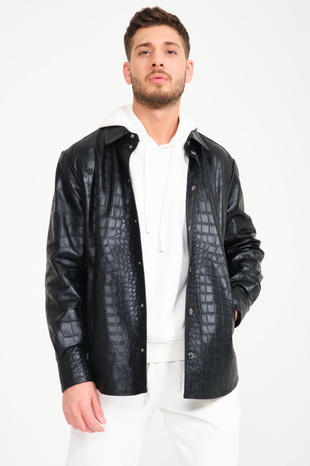 Black Crocodile Pattern Leather Jacket - ADAMO