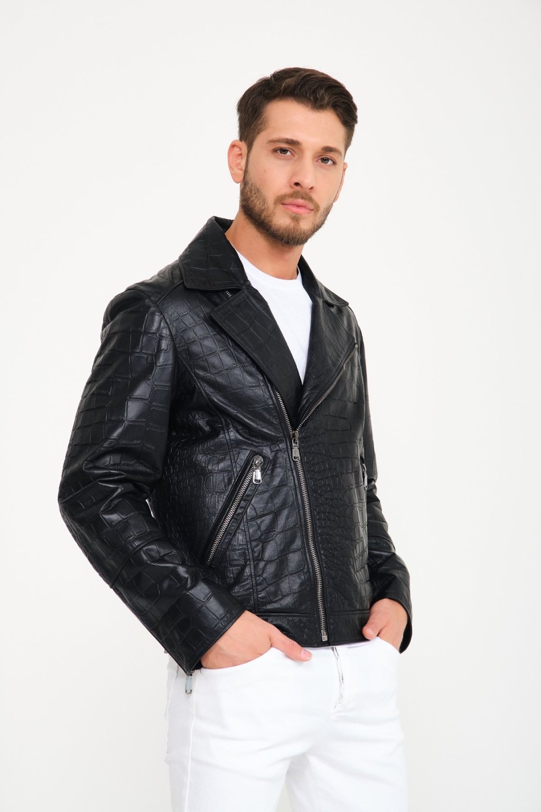 Black Crocodile Pattern Leather Jacket - ADAMO