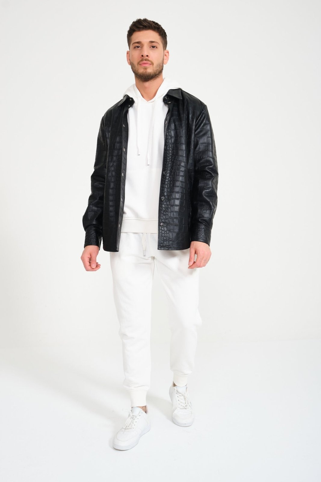 Black Crocodile Pattern Leather Jacket - ADAMO